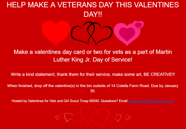 Hosted by Valentines for Vets and Girl Scout Troop 65040. Questions? Email hopgstroop65040@gmail.com 